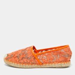 Pre Owned Valentino Orange Lace and Leather Espadrille Flats Size 39
