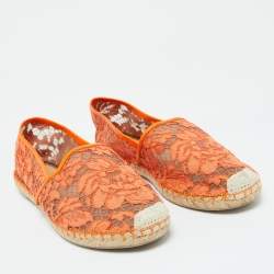 Pre Owned Valentino Orange Lace and Leather Espadrille Flats Size 39