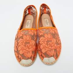 Pre Owned Valentino Orange Lace and Leather Espadrille Flats Size 39