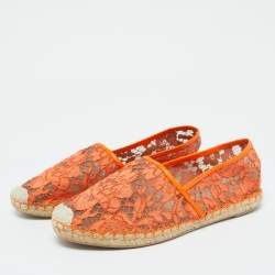 Pre Owned Valentino Orange Lace and Leather Espadrille Flats Size 39