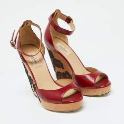 Valentino Red Leather Lace Wedge Peep Toe Ankle Strap Sandals Size 37.5