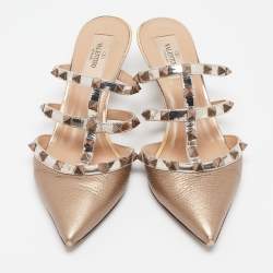 Pre Owned Valentino Metallic Bronze Leather Rockstud Mules Size 37