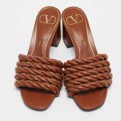 Pre Owned Valentino Brown Twisted Leather Slide Sandals Size 35