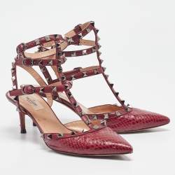 Valentino Burgundy Leather Python Leather Rockstud Pumps Size 39