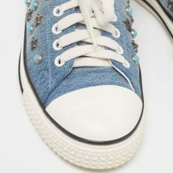 Pre Owned Valentino Blue/White Denim and Leather Star Studded Sneakers Size 39