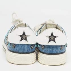 Pre Owned Valentino Blue/White Denim and Leather Star Studded Sneakers Size 39
