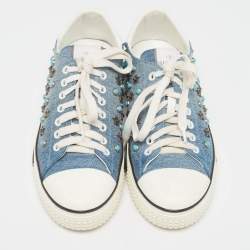Pre Owned Valentino Blue/White Denim and Leather Star Studded Sneakers Size 39