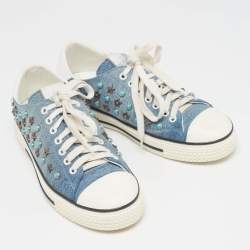 Pre Owned Valentino Blue/White Denim and Leather Star Studded Sneakers Size 39