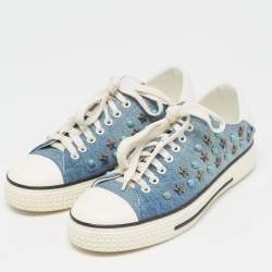 Pre Owned Valentino Blue/White Denim and Leather Star Studded Sneakers Size 39