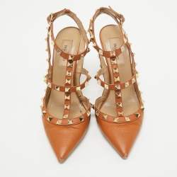 Valentino Brown Leather Rockstud Caged Pumps Size 37