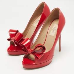 Pre Owned Valentino Red Patent Leather Bow Peep Toe Platform Pumps Size 39