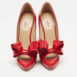 Pre Owned Valentino Red Patent Leather Bow Peep Toe Platform Pumps Size 39
