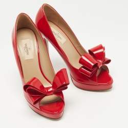 Pre Owned Valentino Red Patent Leather Bow Peep Toe Platform Pumps Size 39