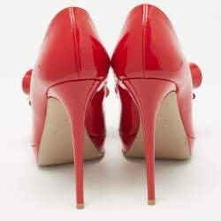 Pre Owned Valentino Red Patent Leather Bow Peep Toe Platform Pumps Size 39