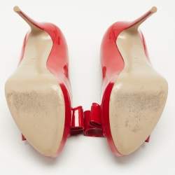 Pre Owned Valentino Red Patent Leather Bow Peep Toe Platform Pumps Size 39