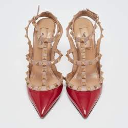 Pre Owned Valentino Red Patent Leather Rockstud Ankle Strap Pumps Size 37.5