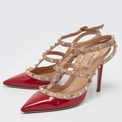 Pre Owned Valentino Red Patent Leather Rockstud Ankle Strap Pumps Size 37.5