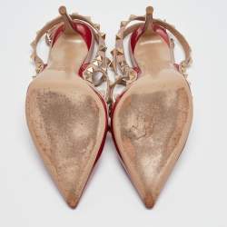 Pre Owned Valentino Red Patent Leather Rockstud Ankle Strap Pumps Size 37.5