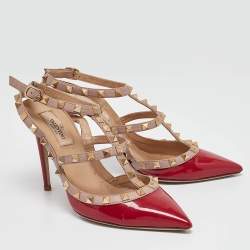 Pre Owned Valentino Red Patent Leather Rockstud Ankle Strap Pumps Size 37.5