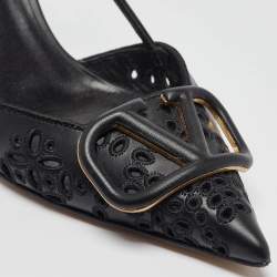 Pre Owned Valentino Black Laser Cut Leather Vlogo Slingback Pumps Size 38.5