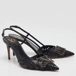 Pre Owned Valentino Black Laser Cut Leather Vlogo Slingback Pumps Size 38.5