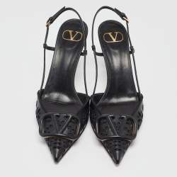 Pre Owned Valentino Black Laser Cut Leather Vlogo Slingback Pumps Size 38.5