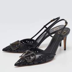 Pre Owned Valentino Black Laser Cut Leather Vlogo Slingback Pumps Size 38.5
