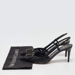 Pre Owned Valentino Black Laser Cut Leather Vlogo Slingback Pumps Size 38.5