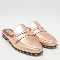 Pre Owned Valentino Metallic Rose Gold Leather Soul Rockstud Mules Size 36