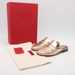 Pre Owned Valentino Metallic Rose Gold Leather Soul Rockstud Mules Size 36