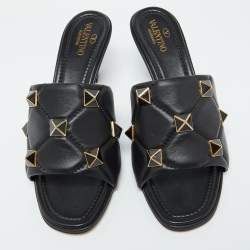 Pre Owned Valentino Black Leather Roman Stud Slide Sandals 39.5