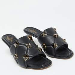 Pre Owned Valentino Black Leather Roman Stud Slide Sandals 39.5