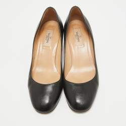 Pre Owned Valentino Black Leather Block Heel Pumps Size 37.5