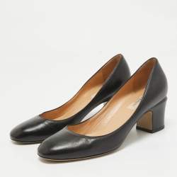 Pre Owned Valentino Black Leather Block Heel Pumps Size 37.5