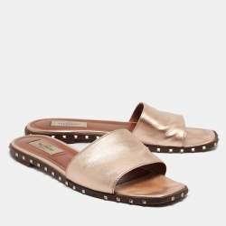 Pre Owned Valentino Gold Leather Rockstud Slide Flats Size 38