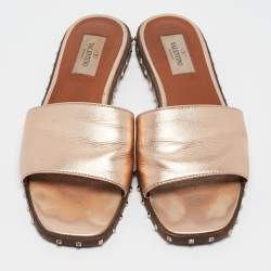 Pre Owned Valentino Gold Leather Rockstud Slide Flats Size 38