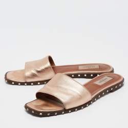 Pre Owned Valentino Gold Leather Rockstud Slide Flats Size 38
