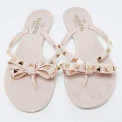 Pre Owned Valentino Water Pink Rubber Bow Detail Rockstud Flip Flops Size 38
