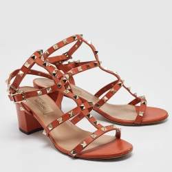 Valentino Orange Leather Rockstud Ankle Strap Sandals Size 38