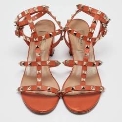 Valentino Orange Leather Rockstud Ankle Strap Sandals Size 38