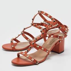 Valentino Orange Leather Rockstud Ankle Strap Sandals Size 38