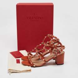 Valentino Orange Leather Rockstud Ankle Strap Sandals Size 38