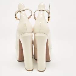 Pre Owned Valentino White Patent Leather Tango Platform Ankle Strap Block Heel Pumps Size 37.5