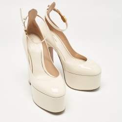 Pre Owned Valentino White Patent Leather Tango Platform Ankle Strap Block Heel Pumps Size 37.5