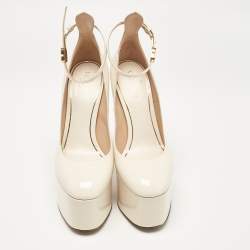 Pre Owned Valentino White Patent Leather Tango Platform Ankle Strap Block Heel Pumps Size 37.5