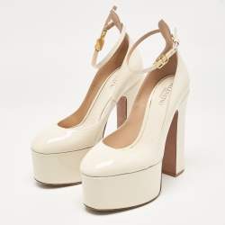 Pre Owned Valentino White Patent Leather Tango Platform Ankle Strap Block Heel Pumps Size 37.5