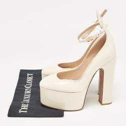 Pre Owned Valentino White Patent Leather Tango Platform Ankle Strap Block Heel Pumps Size 37.5
