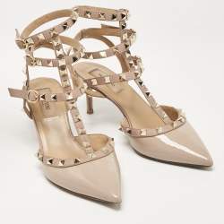 Pre Owned Valentino Beige Patent and Leather Rockstud Pumps Size 37.5