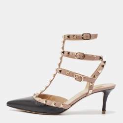 Pre Owned Valentino Black/Dusty Pink Leather Rockstud Ankle Strap Pumps Size 36