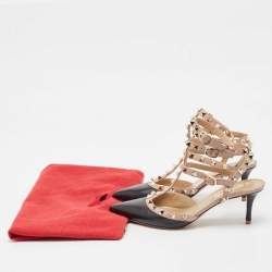 Pre Owned Valentino Black/Dusty Pink Leather Rockstud Ankle Strap Pumps Size 36